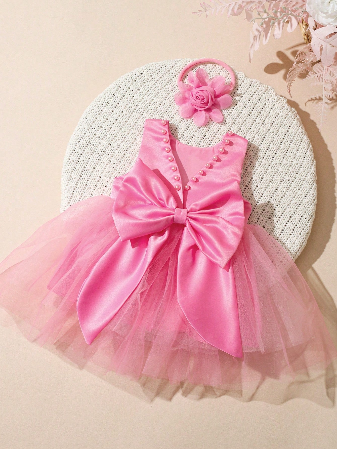 Newborn Girl Pearl Style Dress With Rose Flower 0-3 Months Baby Girl Big Bowknot Dress For Photo Shooting Infant Photography Outfits