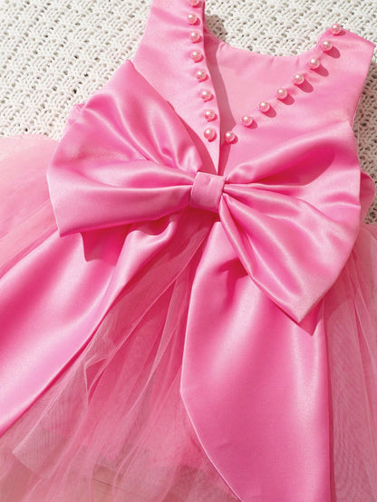 Newborn Girl Pearl Style Dress With Rose Flower 0-3 Months Baby Girl Big Bowknot Dress For Photo Shooting Infant Photography Outfits