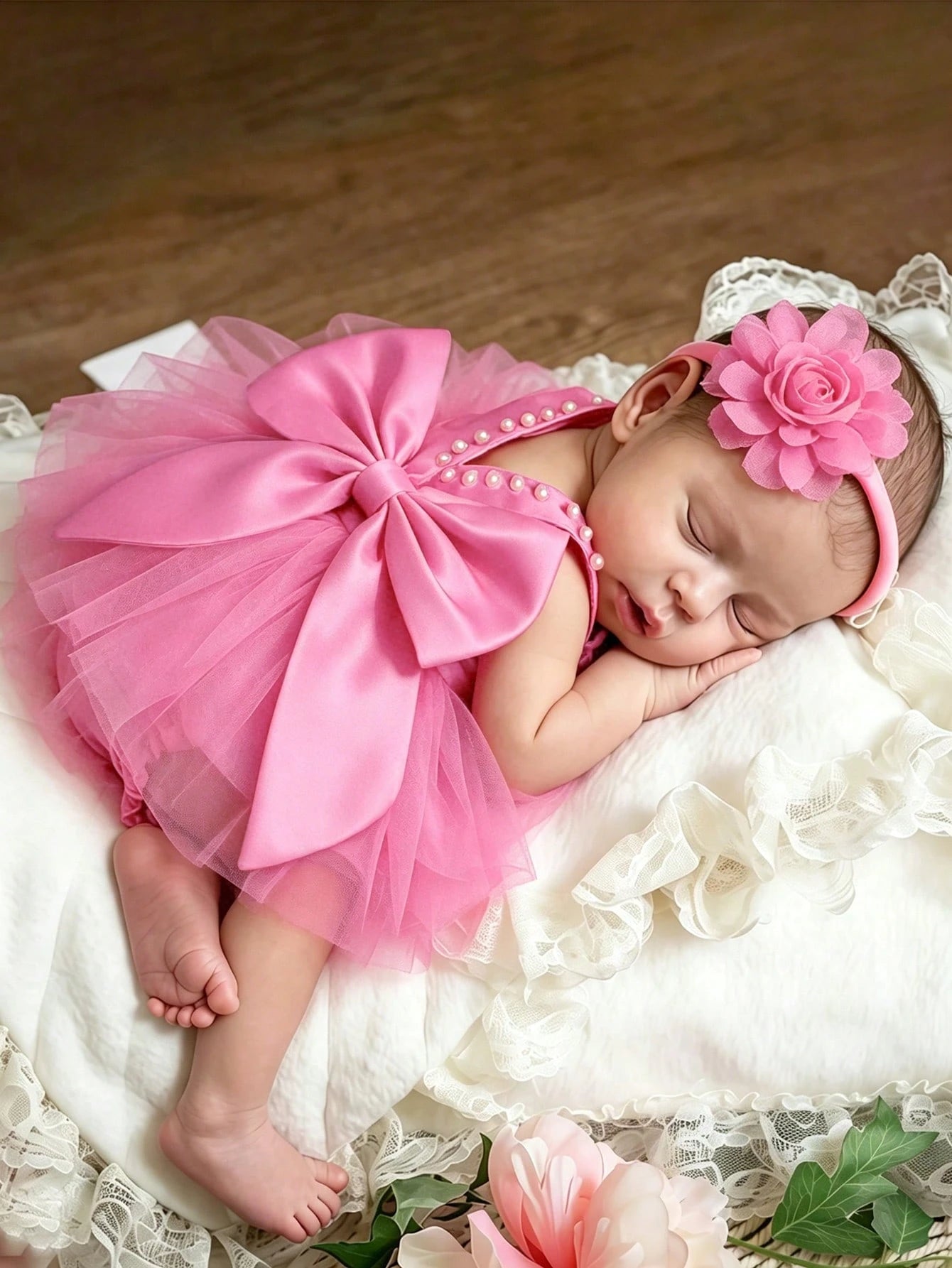 Newborn Girl Pearl Style Dress With Rose Flower 0-3 Months Baby Girl Big Bowknot Dress For Photo Shooting Infant Photography Outfits