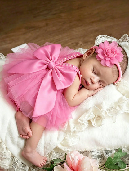 Newborn Girl Pearl Style Dress With Rose Flower 0-3 Months Baby Girl Big Bowknot Dress For Photo Shooting Infant Photography Outfits