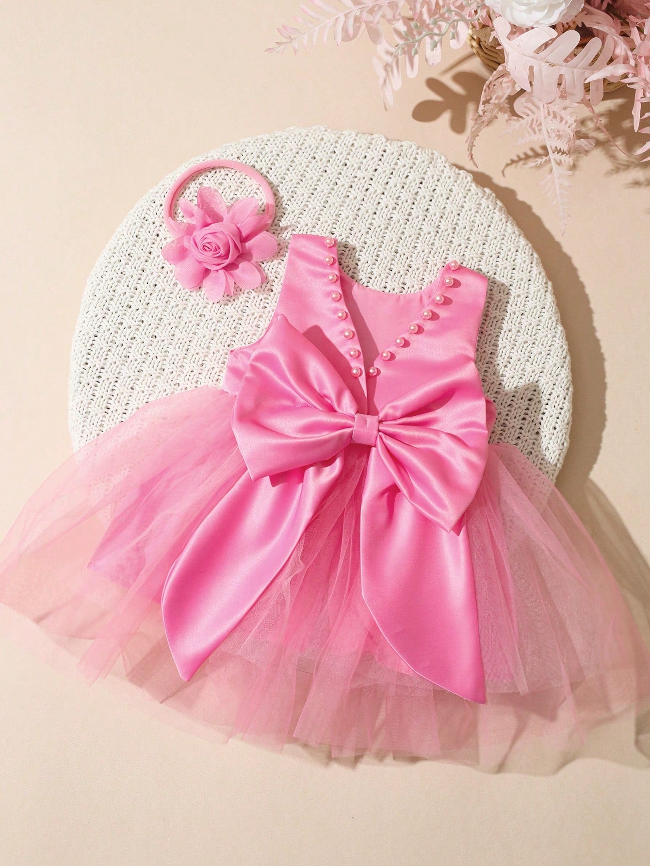 Newborn Girl Pearl Style Dress With Rose Flower 0-3 Months Baby Girl Big Bowknot Dress For Photo Shooting Infant Photography Outfits