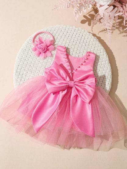 Newborn Girl Pearl Style Dress With Rose Flower 0-3 Months Baby Girl Big Bowknot Dress For Photo Shooting Infant Photography Outfits