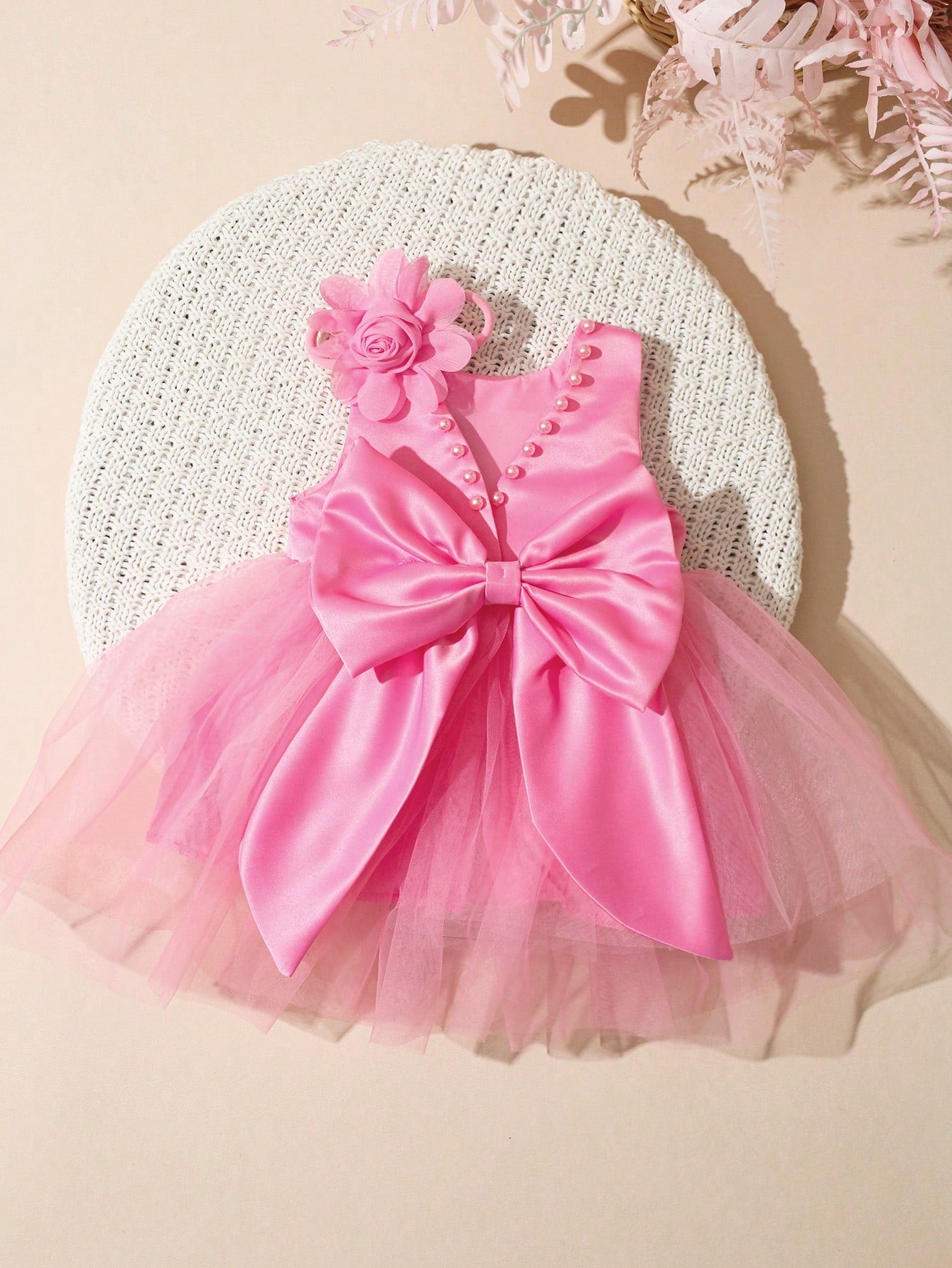 Newborn Girl Pearl Style Dress With Rose Flower 0-3 Months Baby Girl Big Bowknot Dress For Photo Shooting Infant Photography Outfits