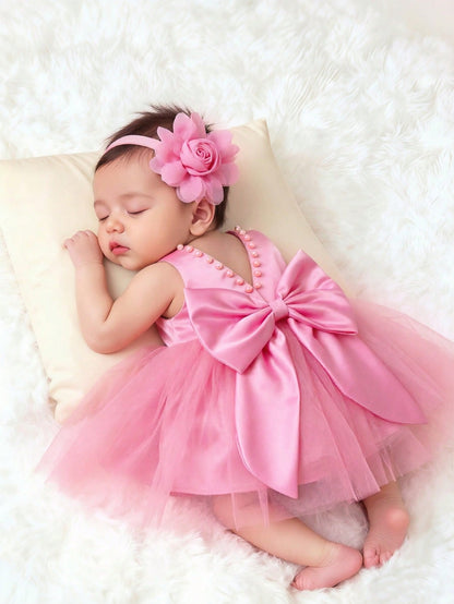 Newborn Girl Pearl Style Dress With Rose Flower 0-3 Months Baby Girl Big Bowknot Dress For Photo Shooting Infant Photography Outfits