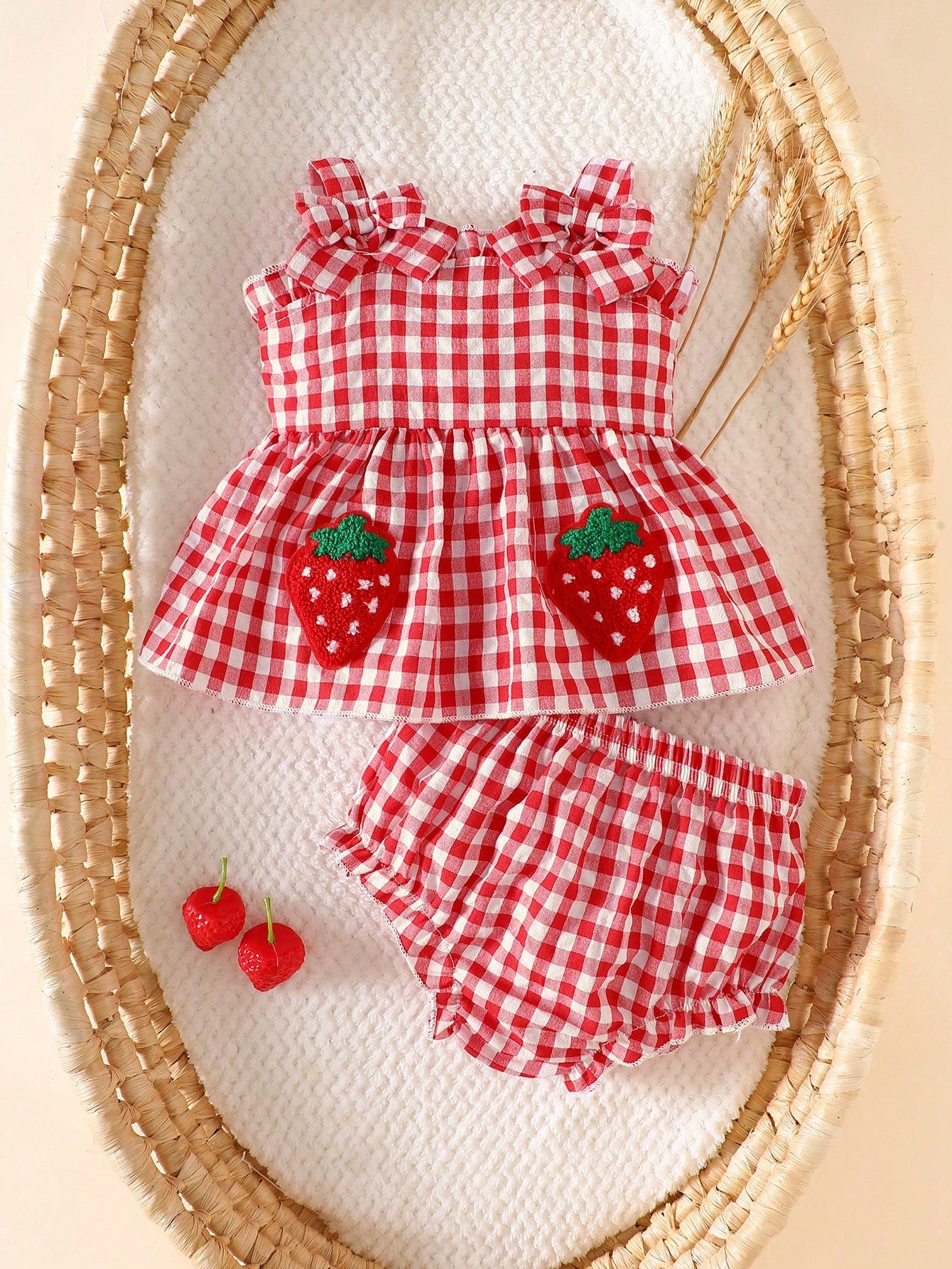 Newborn Girl Red And White Grid Bow Strawberry Embroidered Strap Top With Triangle Shorts 2 Pieces Set Summer Cute Vacation Baby Clothes Outfit Romper