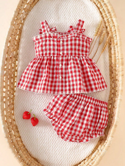 Newborn Girl Red And White Grid Bow Strawberry Embroidered Strap Top With Triangle Shorts 2 Pieces Set Summer Cute Vacation Baby Clothes Outfit Romper