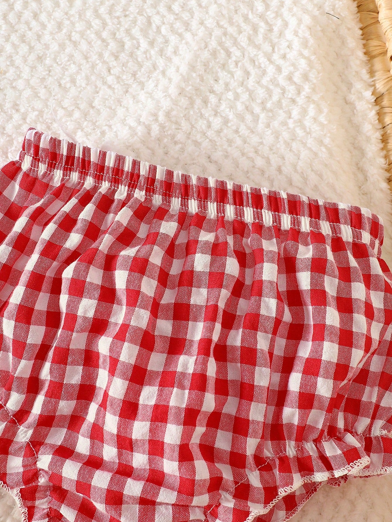 Newborn Girl Red And White Grid Bow Strawberry Embroidered Strap Top With Triangle Shorts 2 Pieces Set Summer Cute Vacation Baby Clothes Outfit Romper