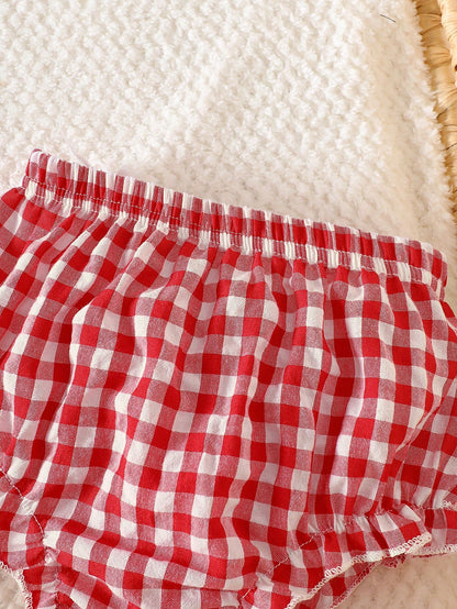 Newborn Girl Red And White Grid Bow Strawberry Embroidered Strap Top With Triangle Shorts 2 Pieces Set Summer Cute Vacation Baby Clothes Outfit Romper