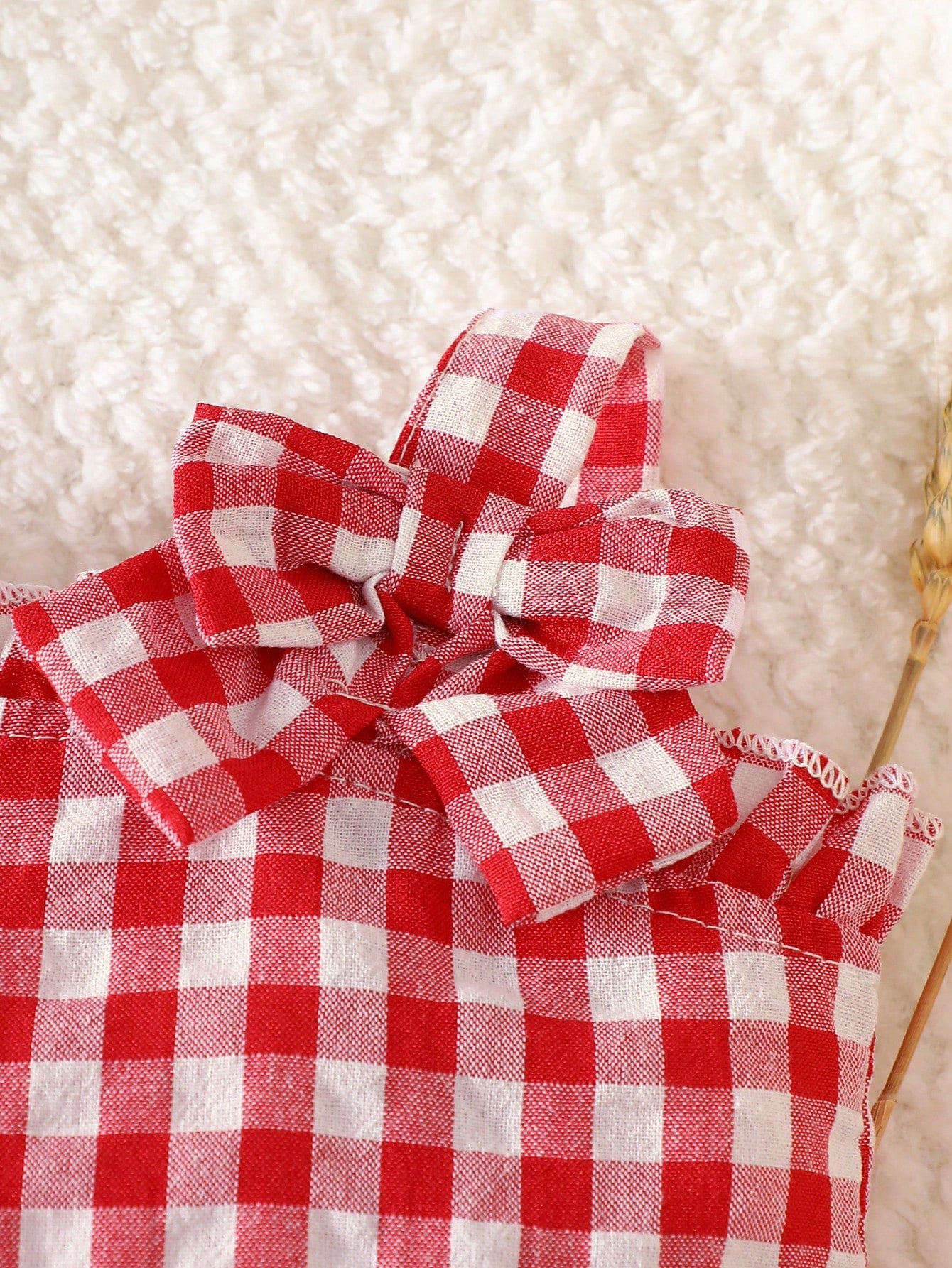Newborn Girl Red And White Grid Bow Strawberry Embroidered Strap Top With Triangle Shorts 2 Pieces Set Summer Cute Vacation Baby Clothes Outfit Romper