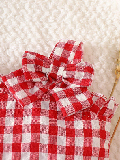 Newborn Girl Red And White Grid Bow Strawberry Embroidered Strap Top With Triangle Shorts 2 Pieces Set Summer Cute Vacation Baby Clothes Outfit Romper