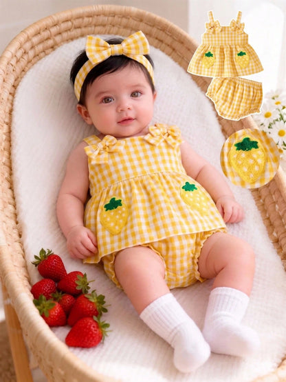 Newborn Girl Red And White Grid Bow Strawberry Embroidered Strap Top With Triangle Shorts 2 Pieces Set Summer Cute Vacation Baby Clothes Outfit Romper