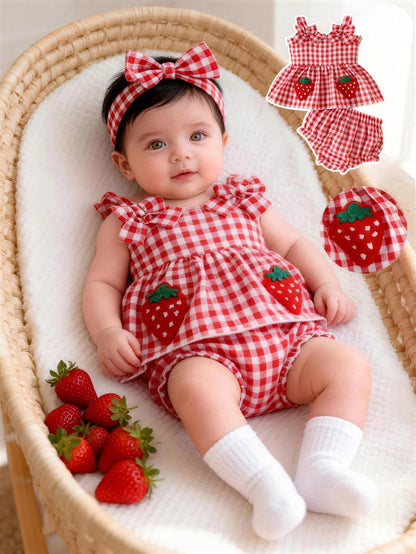 Newborn Girl Red And White Grid Bow Strawberry Embroidered Strap Top With Triangle Shorts 2 Pieces Set Summer Cute Vacation Baby Clothes Outfit Romper