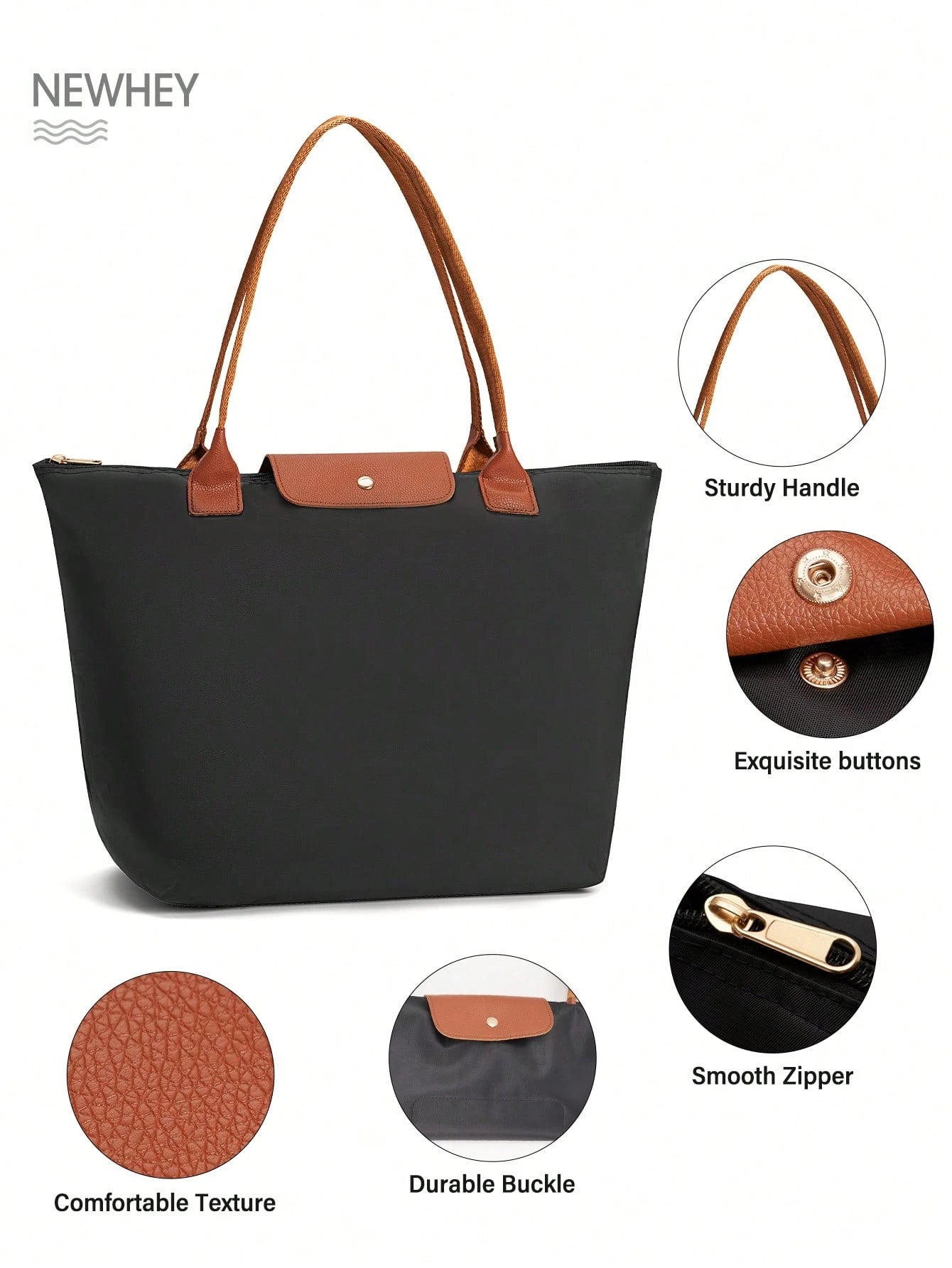 NEWHEY Women's Nylon Foldable Shoulder Tote Bag, Top Handle, Weekend Travel Handbag