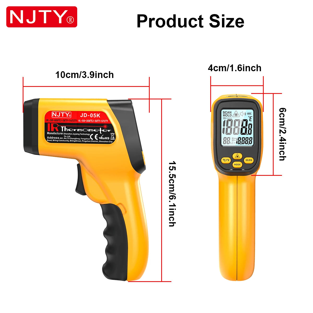 NJTY Temperature Gun, K-TYPE Infrared Thermometer Gun, Handheld Non-Contact High Temperature Gun, Suitable For Industrial, Cooking Tester, Pizza Oven, Car, HVAC, Barbecue Oven And Engine-Laser Surface