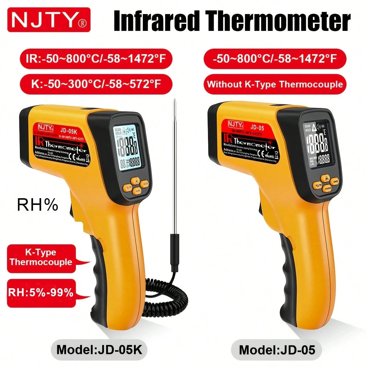 NJTY Temperature Gun, K-TYPE Infrared Thermometer Gun, Handheld Non-Contact High Temperature Gun, Suitable For Industrial, Cooking Tester, Pizza Oven, Car, HVAC, Barbecue Oven And Engine-Laser Surface