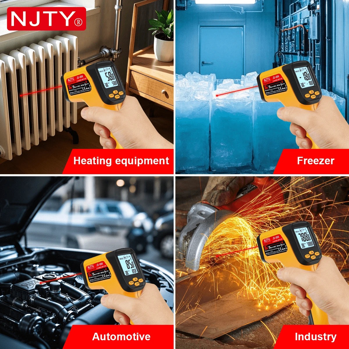 NJTY Temperature Gun, K-TYPE Infrared Thermometer Gun, Handheld Non-Contact High Temperature Gun, Suitable For Industrial, Cooking Tester, Pizza Oven, Car, HVAC, Barbecue Oven And Engine-Laser Surface