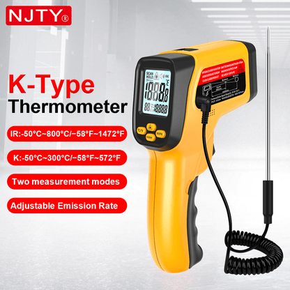 NJTY Temperature Gun, K-TYPE Infrared Thermometer Gun, Handheld Non-Contact High Temperature Gun, Suitable For Industrial, Cooking Tester, Pizza Oven, Car, HVAC, Barbecue Oven And Engine-Laser Surface