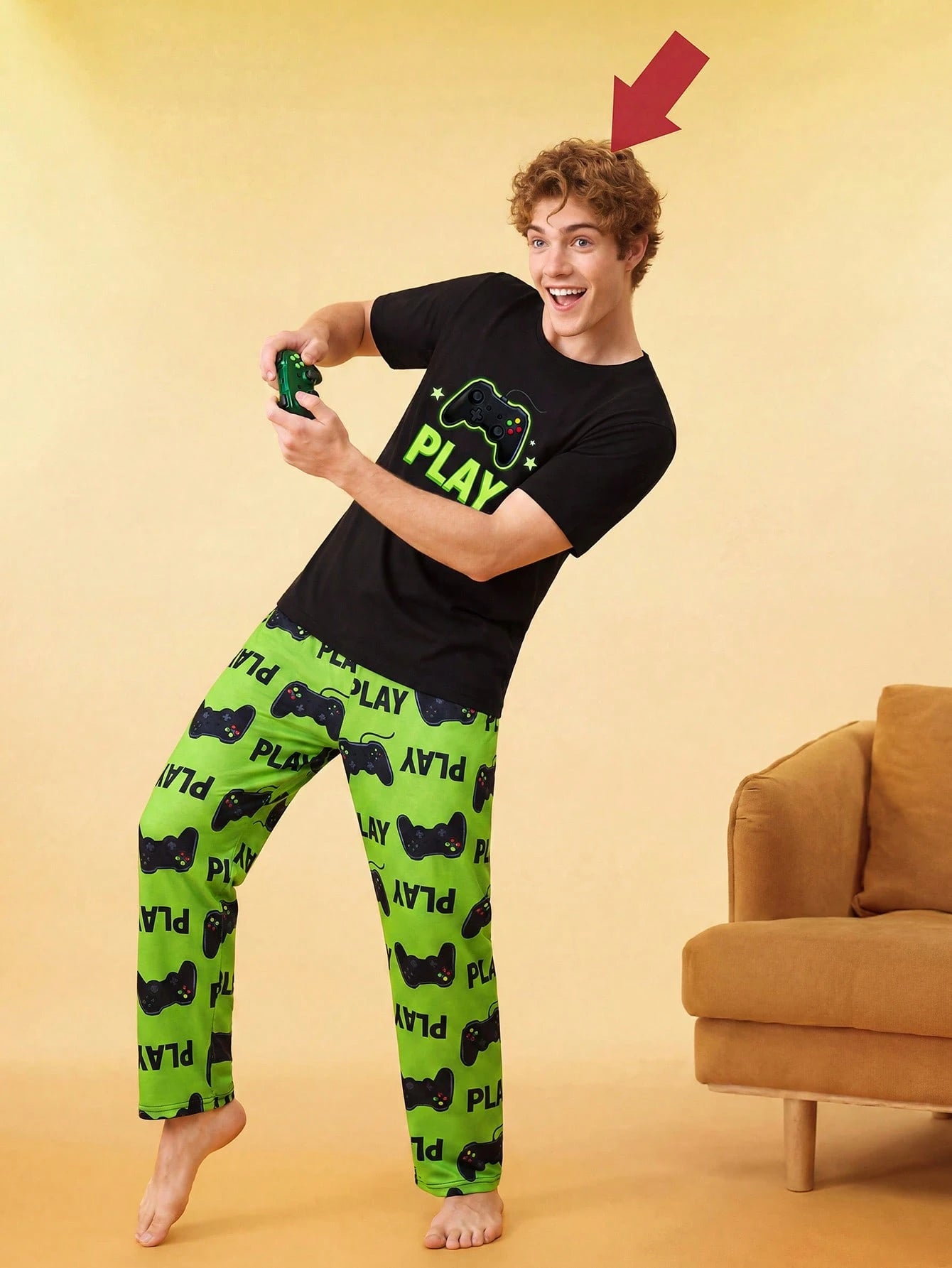 Notgurli Hamburger French Fries Print Men's Pajama Set Homewear Sleep Green Gingham Summer Home & Living