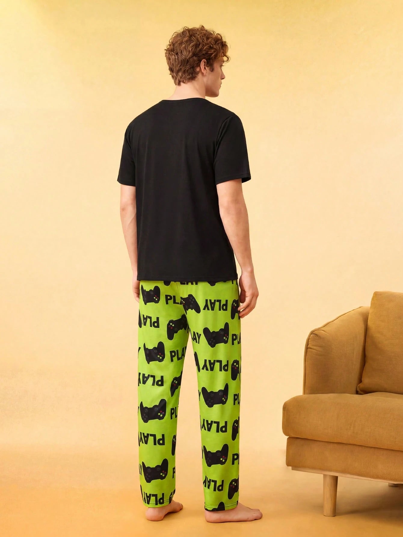 Notgurli Hamburger French Fries Print Men's Pajama Set Homewear Sleep Green Gingham Summer Home & Living
