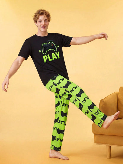 Notgurli Hamburger French Fries Print Men's Pajama Set Homewear Sleep Green Gingham Summer Home & Living