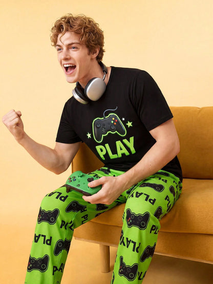 Notgurli Hamburger French Fries Print Men's Pajama Set Homewear Sleep Green Gingham Summer Home & Living