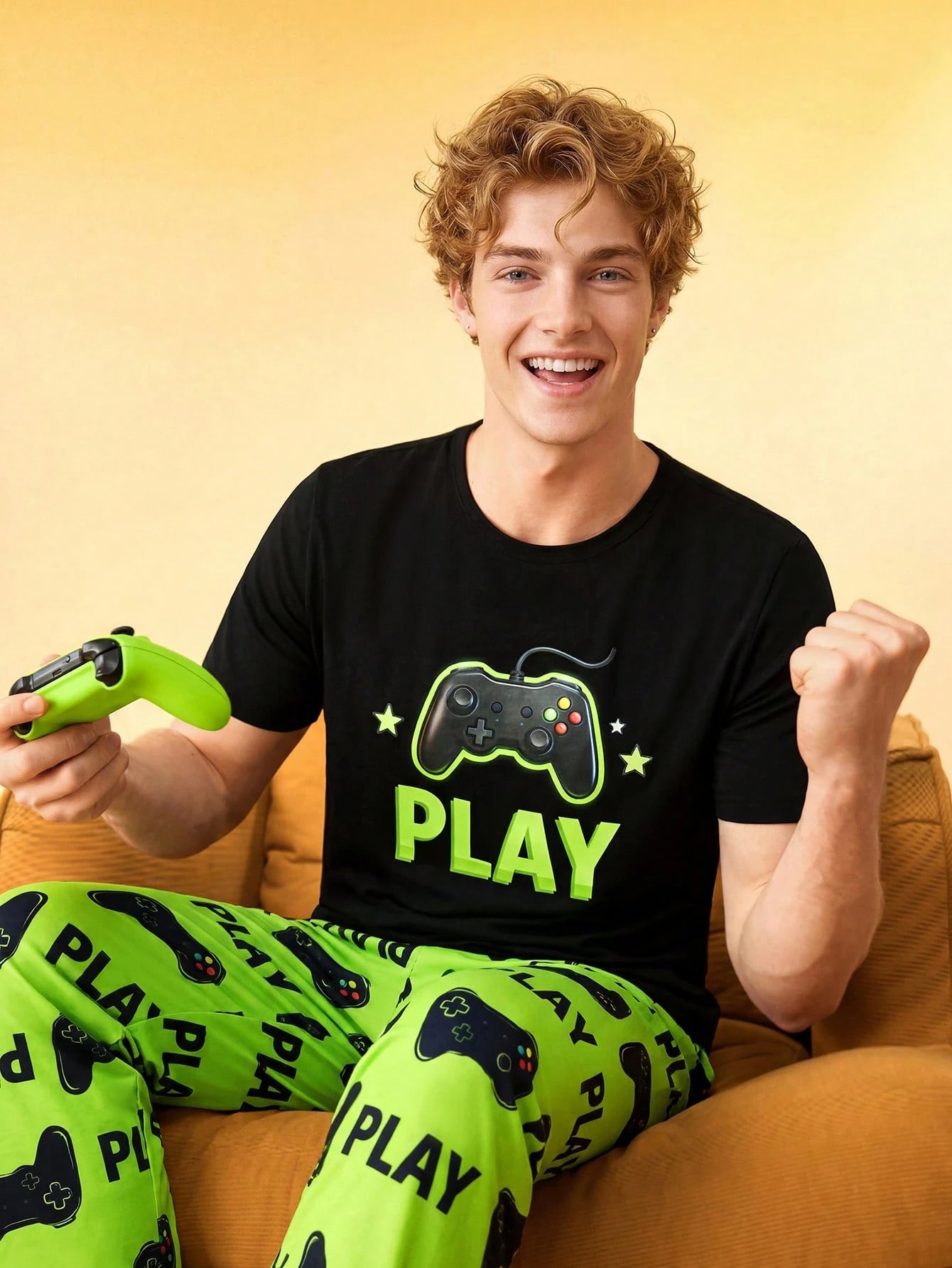 Notgurli Hamburger French Fries Print Men's Pajama Set Homewear Sleep Green Gingham Summer Home & Living