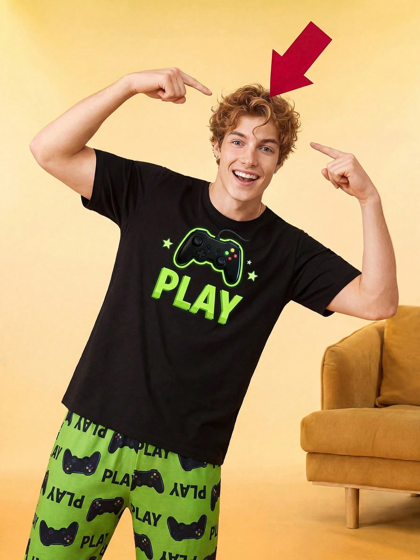Notgurli Hamburger French Fries Print Men's Pajama Set Homewear Sleep Green Gingham Summer Home & Living