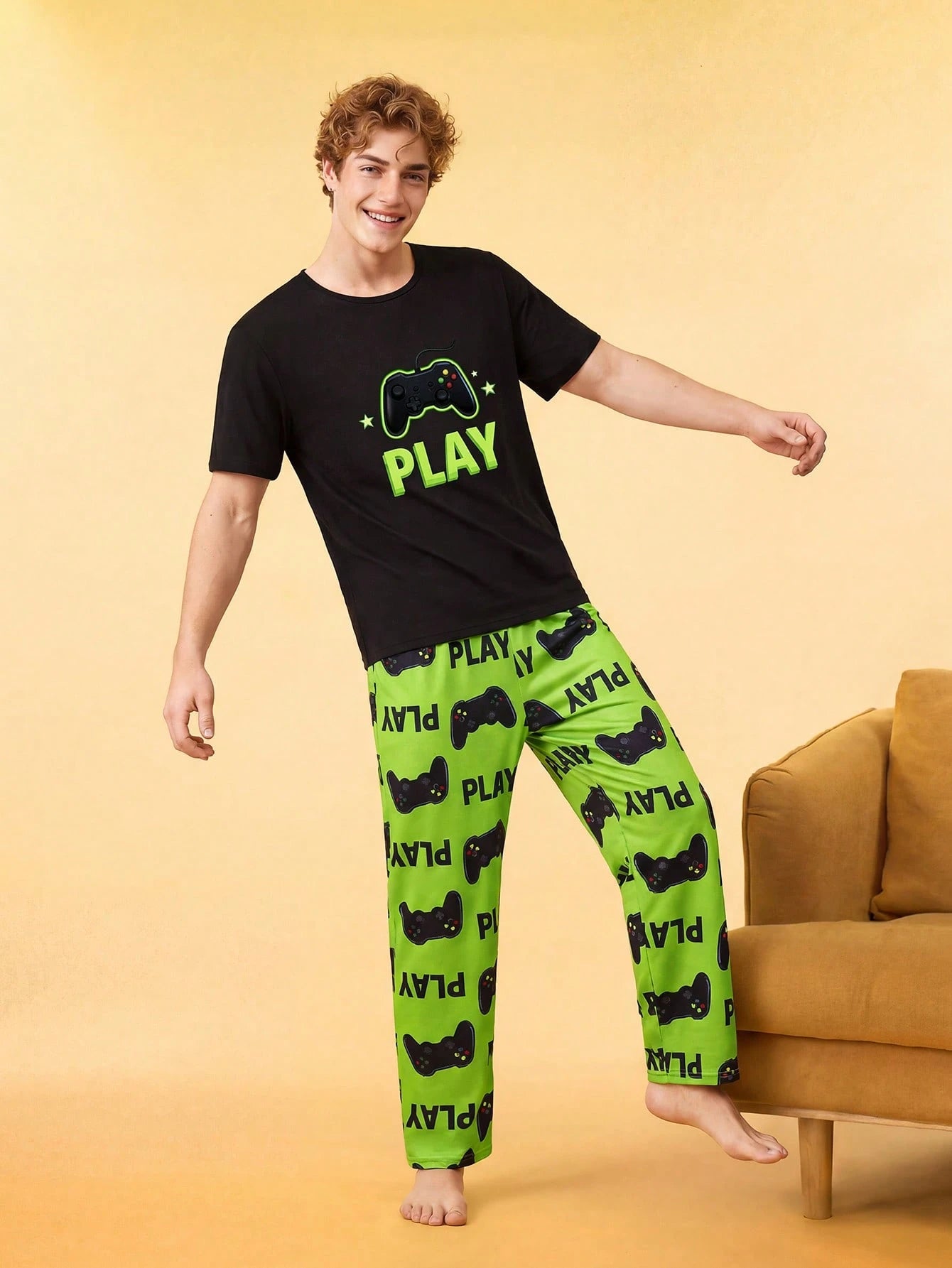 Notgurli Hamburger French Fries Print Men's Pajama Set Homewear Sleep Green Gingham Summer Home & Living