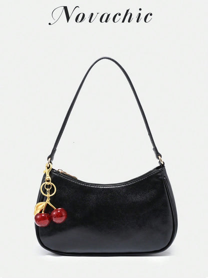 Novachic, Women's Fall Outfits, Floral Patterned Fabric,  Cherry Pendant, Women's Minimalist Shoulder Bag, Zipper Closure, Retro Style