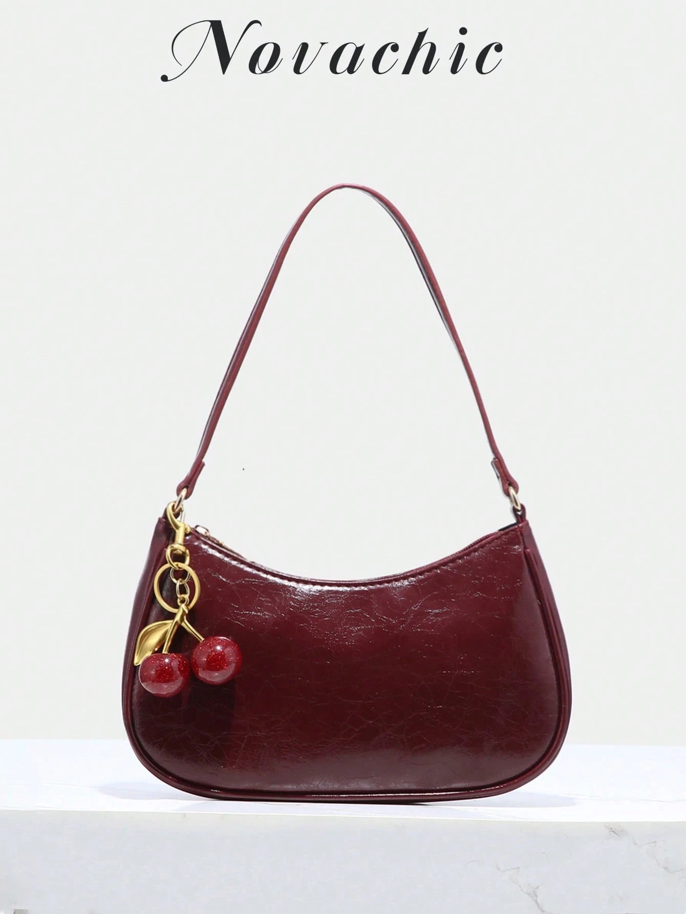 Novachic, Women's Fall Outfits, Floral Patterned Fabric,  Cherry Pendant, Women's Minimalist Shoulder Bag, Zipper Closure, Retro Style