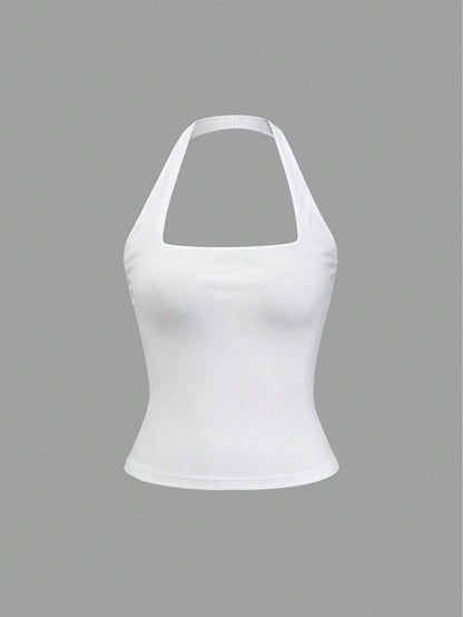 NOVELLE Women's Elegant Sexy White Sleeveless Camisole Top French Comfortable Casual Backless Shirt, Suitable For Summer Vacation, Dating, Party And S