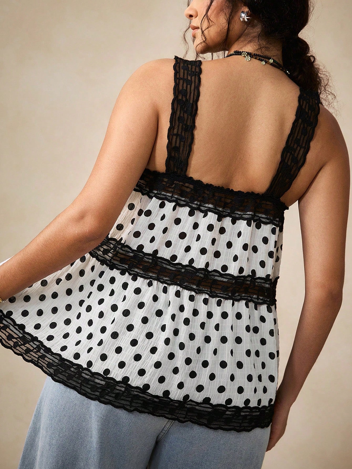 Nubod Plus Size Music Symbol Embroidered Mesh Ribbon Patchwork Polka Dot Fabric Multi-Layer A-Line Wide Strap Tank Top Elegant Outing Date Party Commute Music Festival Vacation Casual