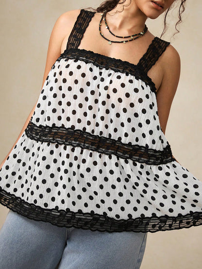 Nubod Plus Size Music Symbol Embroidered Mesh Ribbon Patchwork Polka Dot Fabric Multi-Layer A-Line Wide Strap Tank Top Elegant Outing Date Party Commute Music Festival Vacation Casual