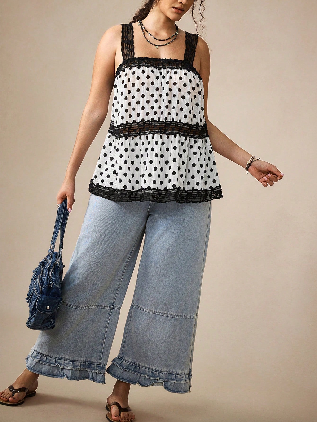 Nubod Plus Size Music Symbol Embroidered Mesh Ribbon Patchwork Polka Dot Fabric Multi-Layer A-Line Wide Strap Tank Top Elegant Outing Date Party Commute Music Festival Vacation Casual