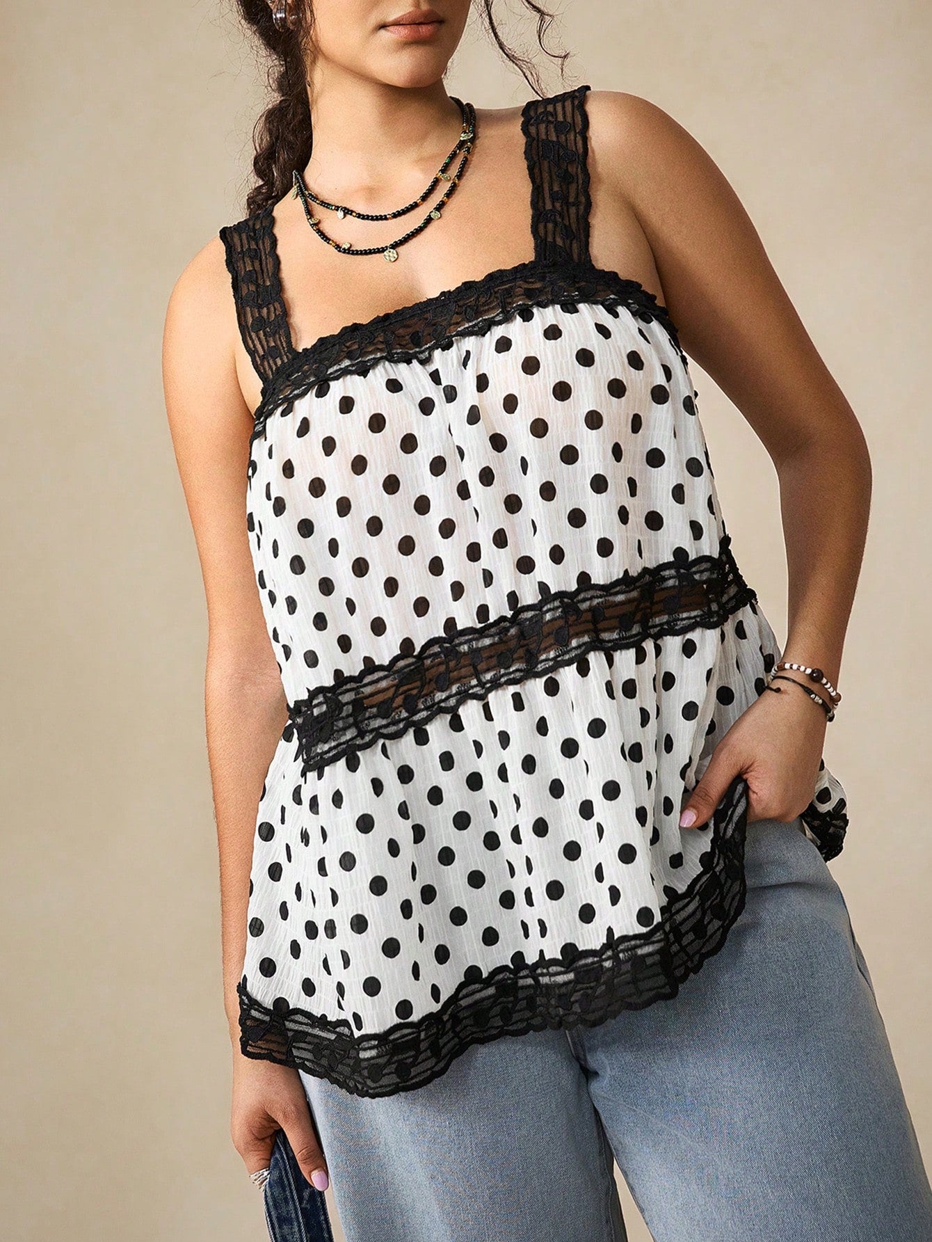 Nubod Plus Size Music Symbol Embroidered Mesh Ribbon Patchwork Polka Dot Fabric Multi-Layer A-Line Wide Strap Tank Top Elegant Outing Date Party Commute Music Festival Vacation Casual