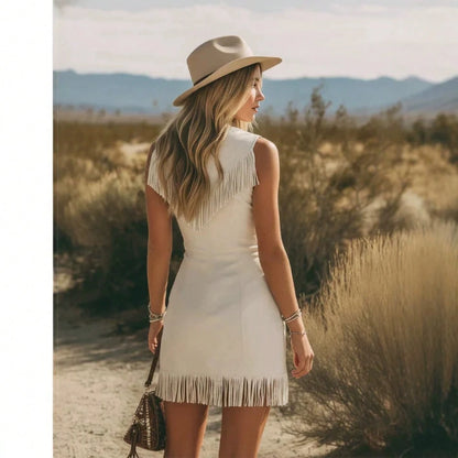 Off White Faux Suede Mini Dress Sleeveless Deep Front Zip Fringe Trim Rivet Western Cowgirl Boho Festival Dress