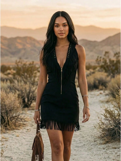 Off White Faux Suede Mini Dress Sleeveless Deep Front Zip Fringe Trim Rivet Western Cowgirl Boho Festival Dress