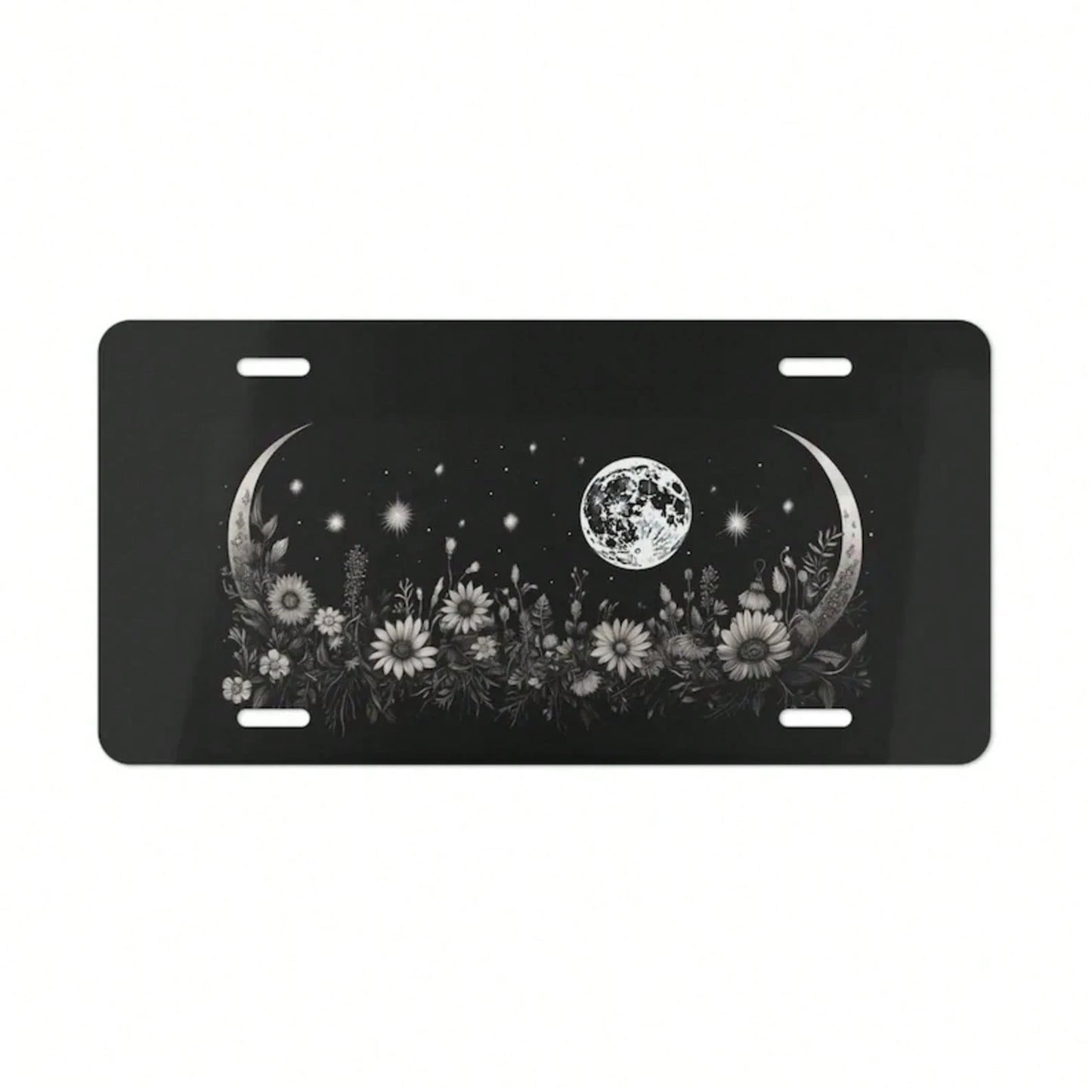 ON, Moon And Flower License Plate, Vanity Plate, Black, Floral Design, Crescent Moon, Full Moon, Front Of Car