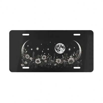ON, Moon And Flower License Plate, Vanity Plate, Black, Floral Design, Crescent Moon, Full Moon, Front Of Car