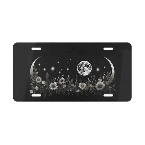 ON, Moon And Flower License Plate, Vanity Plate, Black, Floral Design, Crescent Moon, Full Moon, Front Of Car