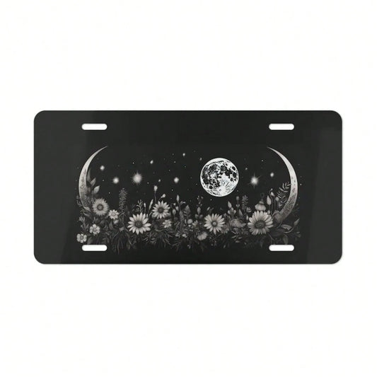 ON, Moon And Flower License Plate, Vanity Plate, Black, Floral Design, Crescent Moon, Full Moon, Front Of Car