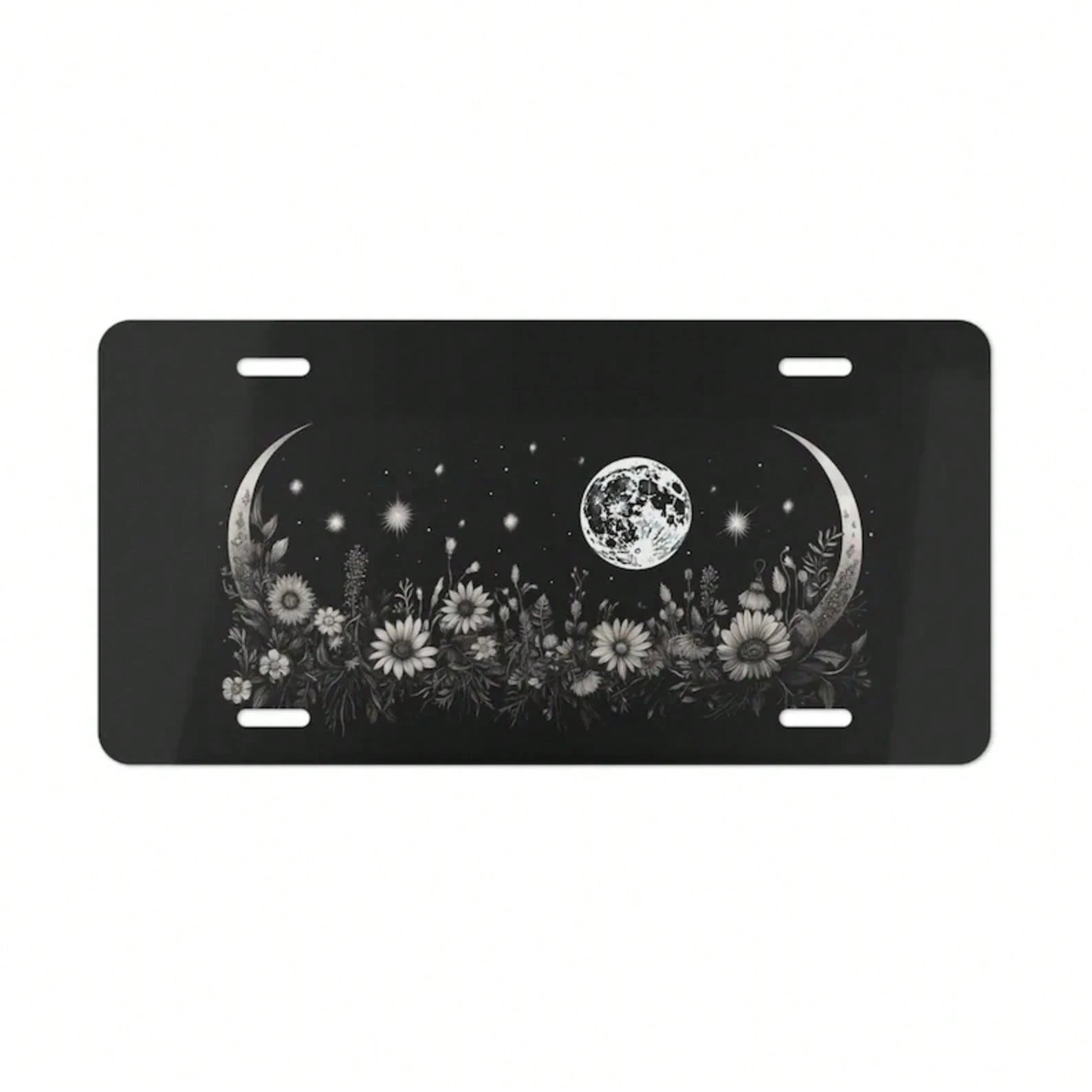 ON, Moon And Flower License Plate, Vanity Plate, Black, Floral Design, Crescent Moon, Full Moon, Front Of Car