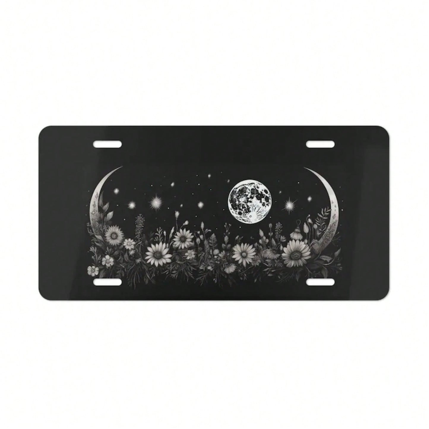 ON, Moon And Flower License Plate, Vanity Plate, Black, Floral Design, Crescent Moon, Full Moon, Front Of Car