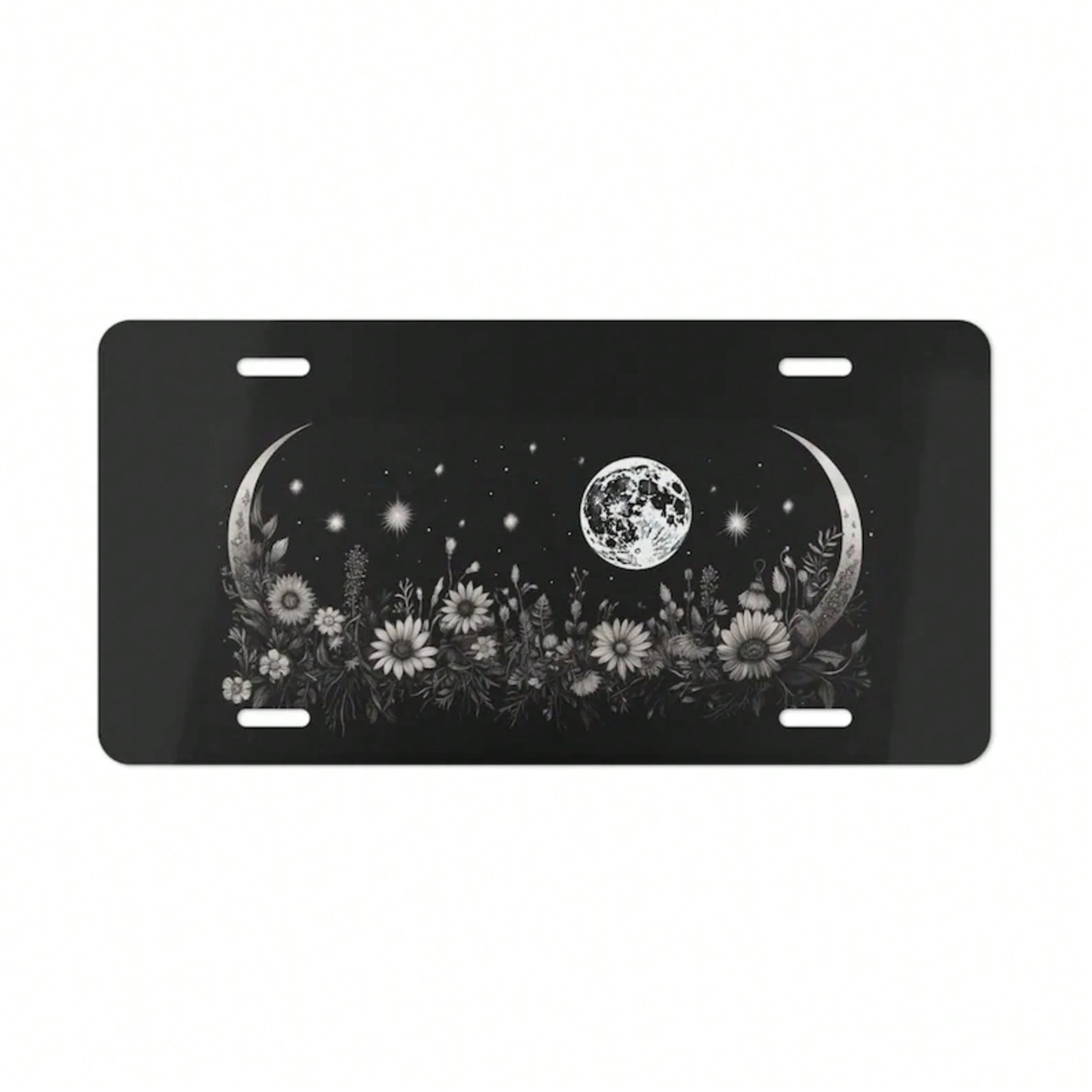 ON, Moon And Flower License Plate, Vanity Plate, Black, Floral Design, Crescent Moon, Full Moon, Front Of Car