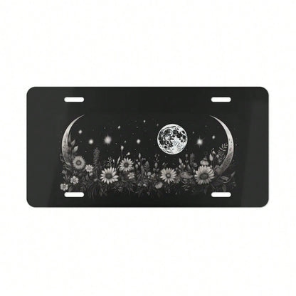 ON, Moon And Flower License Plate, Vanity Plate, Black, Floral Design, Crescent Moon, Full Moon, Front Of Car