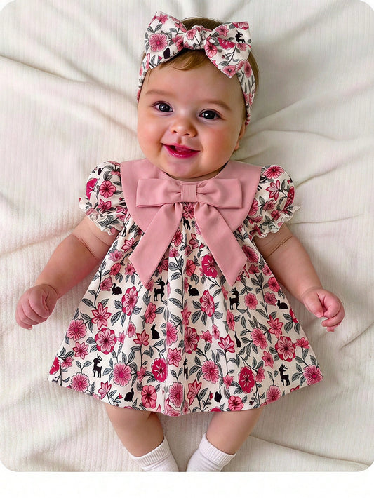 One-Piece Newborn Casual, Simple, Loose-Fitting Cartoon Pattern Round Neck Short-Sleeved Dress, Perfect For Summer.