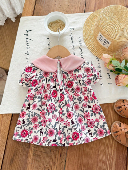 One-Piece Newborn Casual, Simple, Loose-Fitting Cartoon Pattern Round Neck Short-Sleeved Dress, Perfect For Summer.