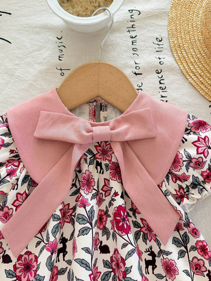 One-Piece Newborn Casual, Simple, Loose-Fitting Cartoon Pattern Round Neck Short-Sleeved Dress, Perfect For Summer.