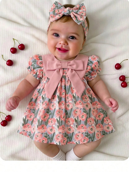One-Piece Newborn Casual, Simple, Loose-Fitting Cartoon Pattern Round Neck Short-Sleeved Dress, Perfect For Summer.
