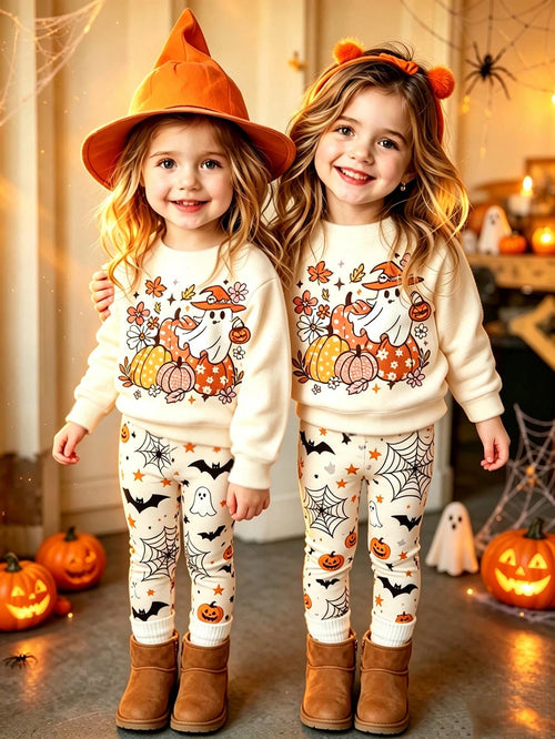 Oo Cute To Spook Baby GirlHalloween Outfit, Cute Ghost & Pumpkin Print Sweatshirt And Spider Web Leggings Set (2-Piece), Autumn Clothing Collection
